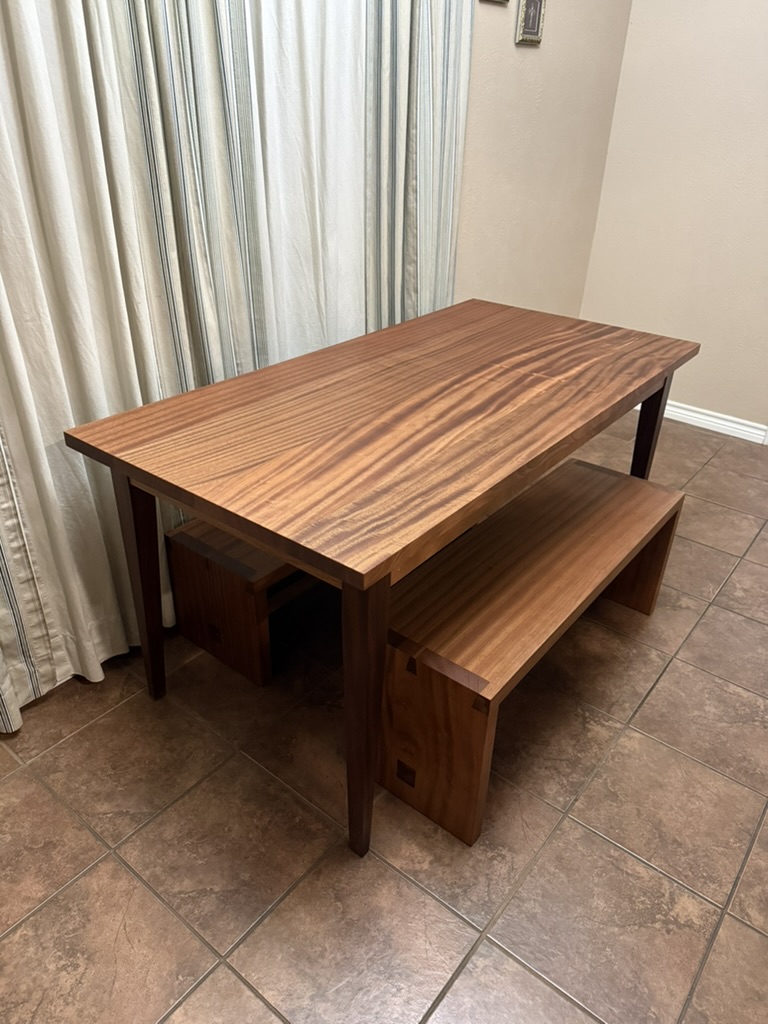Sapele dining table and bench set