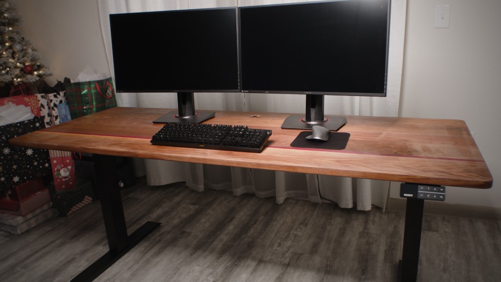 Custom sit-stand desk with red resin inlay built at Fells Hardwood Supply