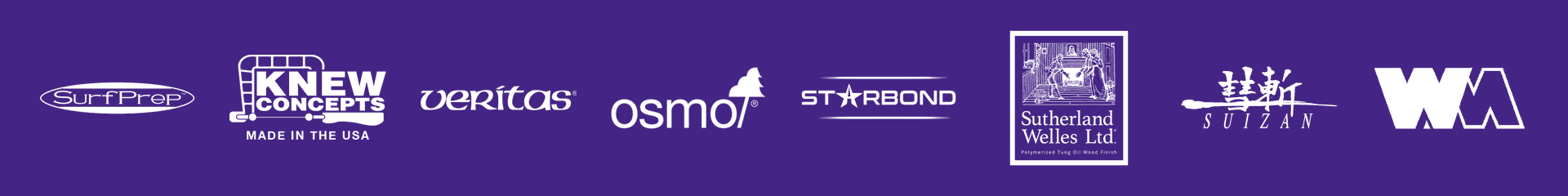 SurfPrep, Knew Concepts, Veritas, Osmo, Starbond, Sutherland Welles, Suizan, and Whiteside